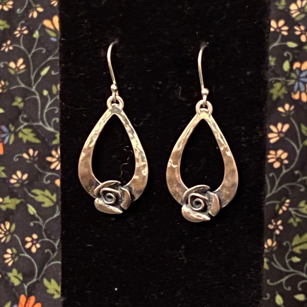 Israeli Teardrop Silver Dangle Earrings with Roses, 1"